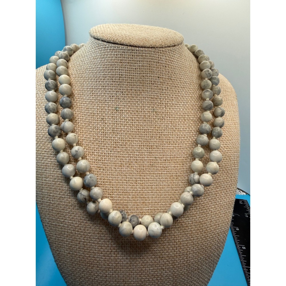 Vintage Grey White Marbled Stone Necklace Hand‎ Knotted 32 Inch Long Strand